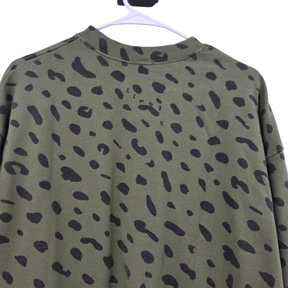 CLARE V. MEDIUM COTTON DALMATION ANIMAL PRINT CREW NECK FLEECE SWEATER - Picture 6 of 6